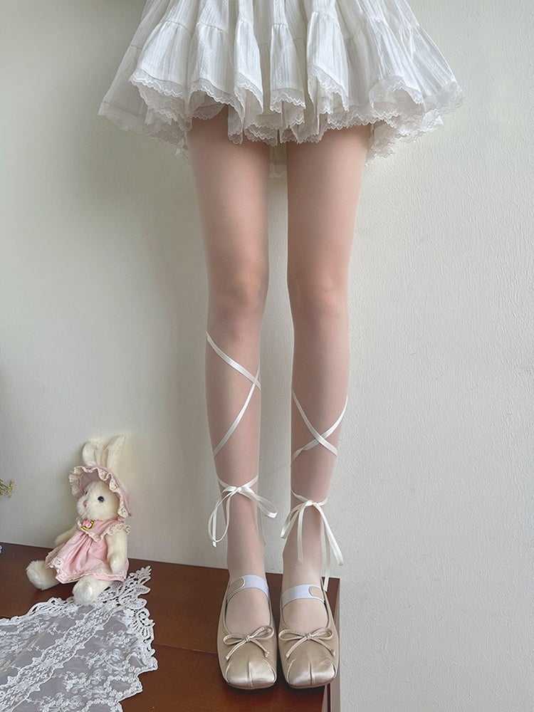Semi-sheer Lolita Self-tie White Straps Tights