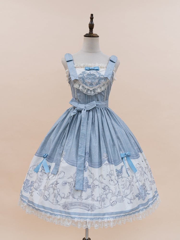 Floral Lolita Blue and Titmouse Print Skirt Jumper