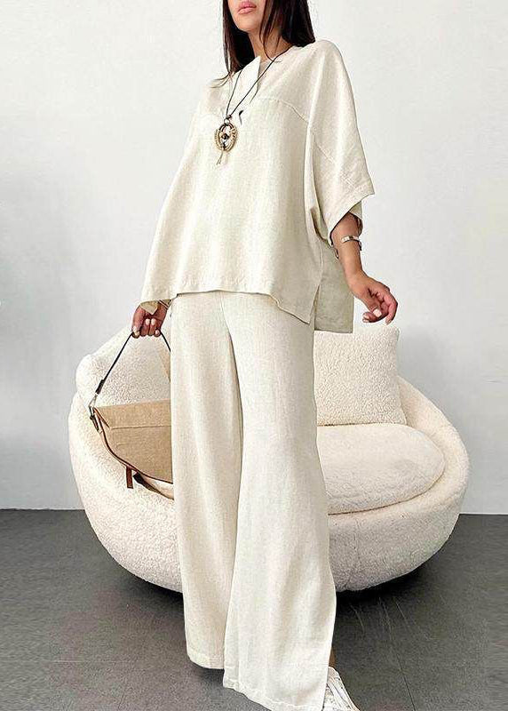 Set O-Neck Art Pants Wide Leg White Two Top Patchwork Pieces And