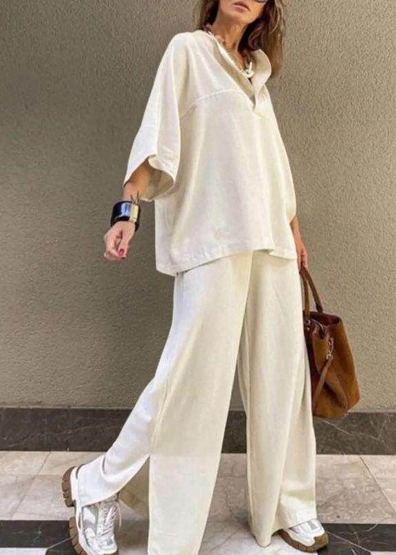 Set O-Neck Art Pants Wide Leg White Two Top Patchwork Pieces And