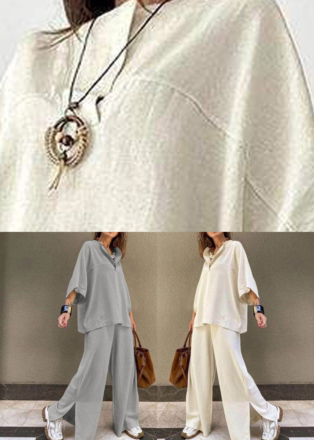 Set O-Neck Art Pants Wide Leg White Two Top Patchwork Pieces And