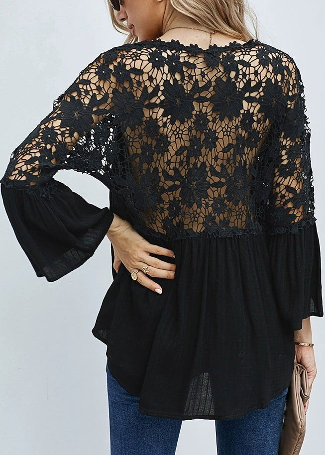 Solid Fall Tops Neck Black Hollow Out V