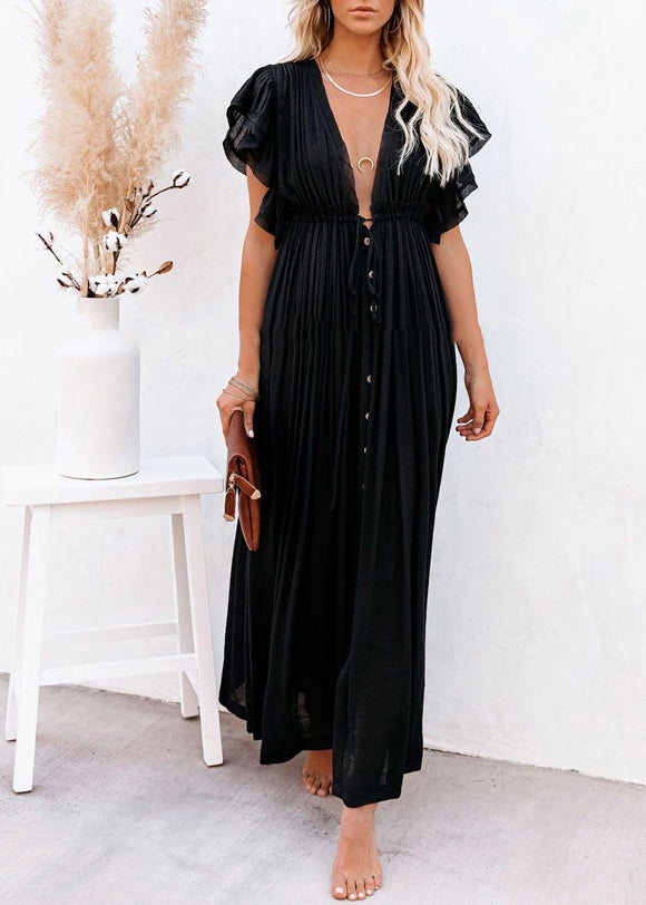 Solid Summer Patchwork Long Ruffled Dress Black