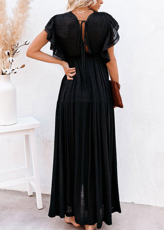 Solid Summer Patchwork Long Ruffled Dress Black