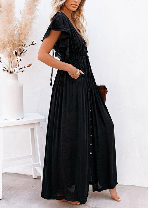 Solid Summer Patchwork Long Ruffled Dress Black