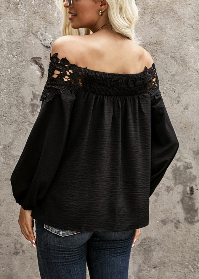 Patchwork Neck Black Slash Lace Sleeve Lantern Shirt