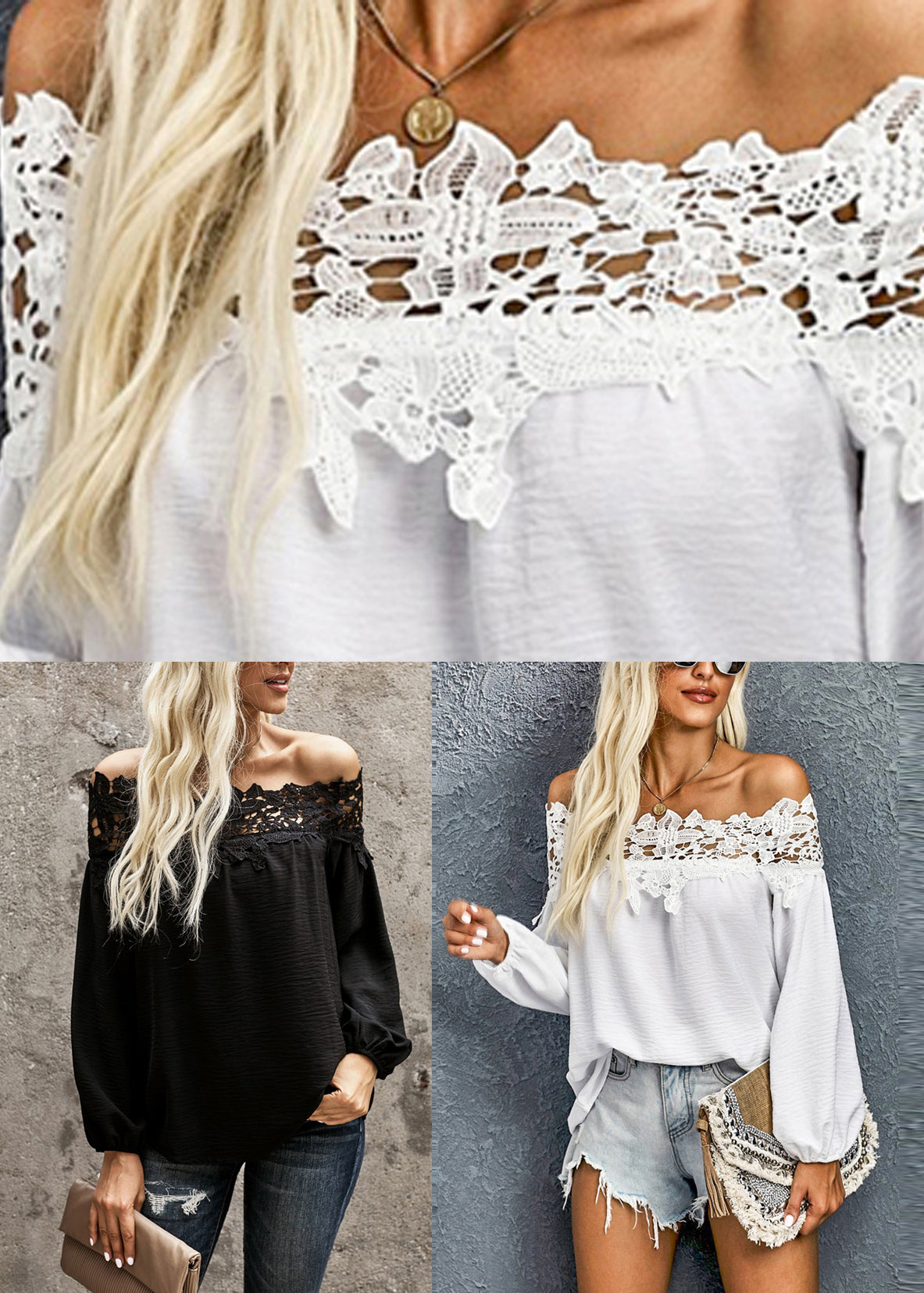 Patchwork Neck Black Slash Lace Sleeve Lantern Shirt