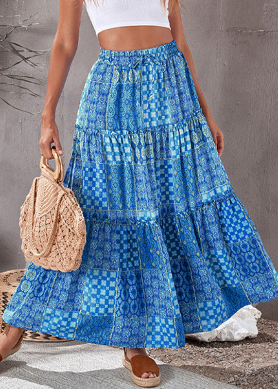 Waist Skirts Blue Elastic Pockets Maxi Summer