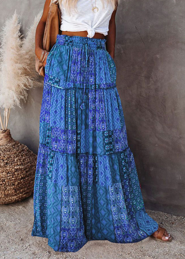 Waist Skirts Blue Elastic Pockets Maxi Summer