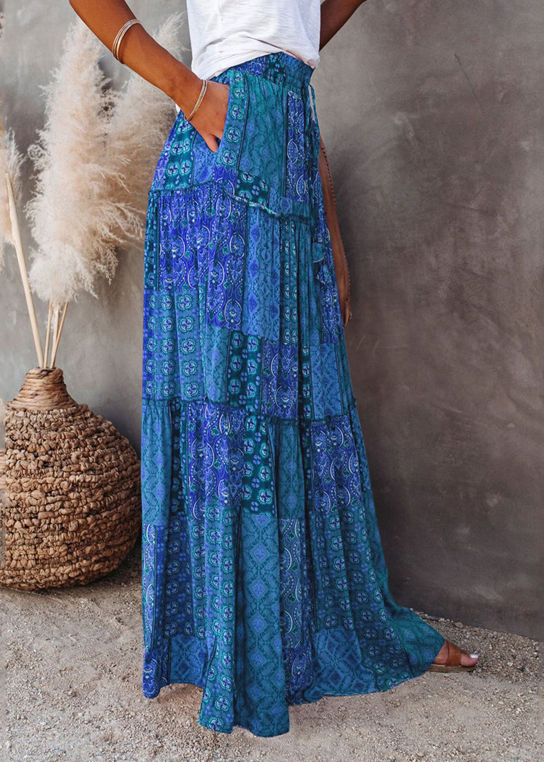 Waist Skirts Blue Elastic Pockets Maxi Summer