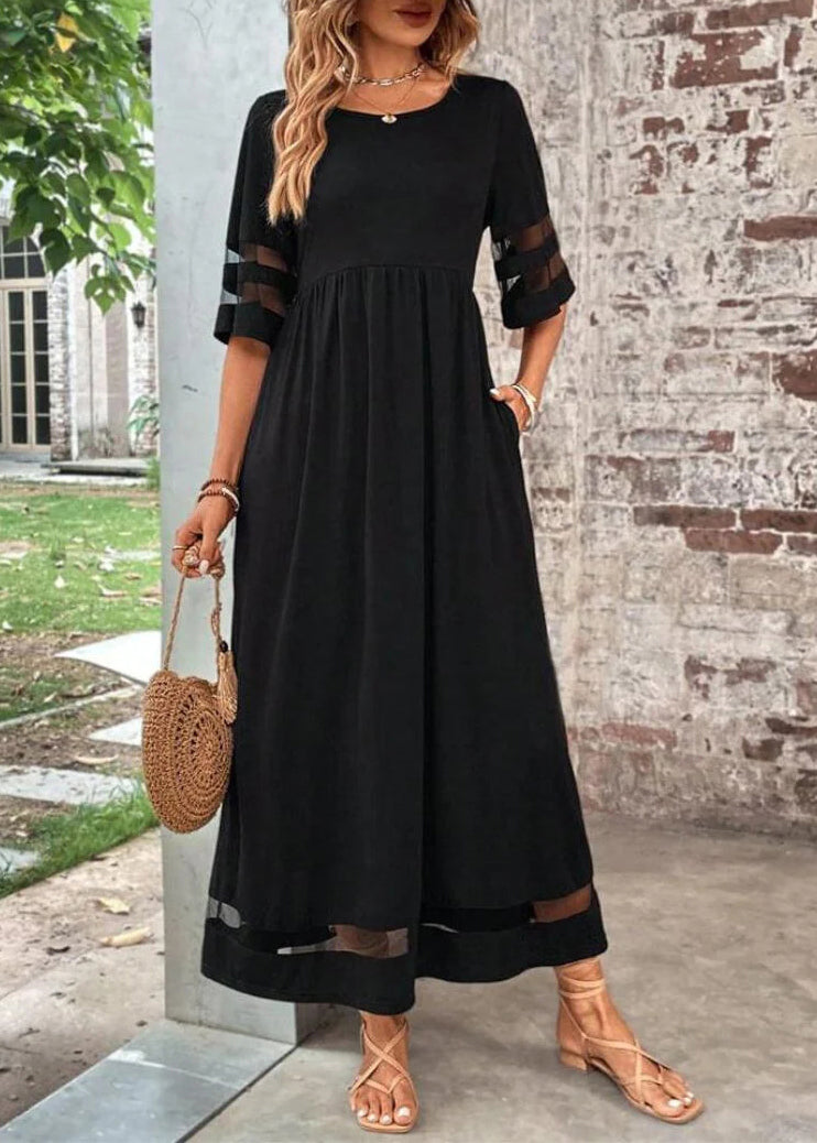 Bohemian O-Neck Patchwork Long Dress Black Tulle Summer