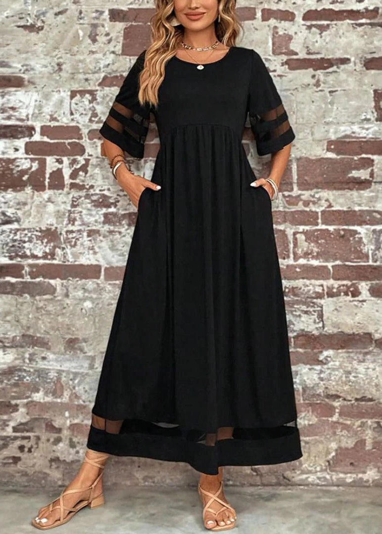 Bohemian O-Neck Patchwork Long Dress Black Tulle Summer