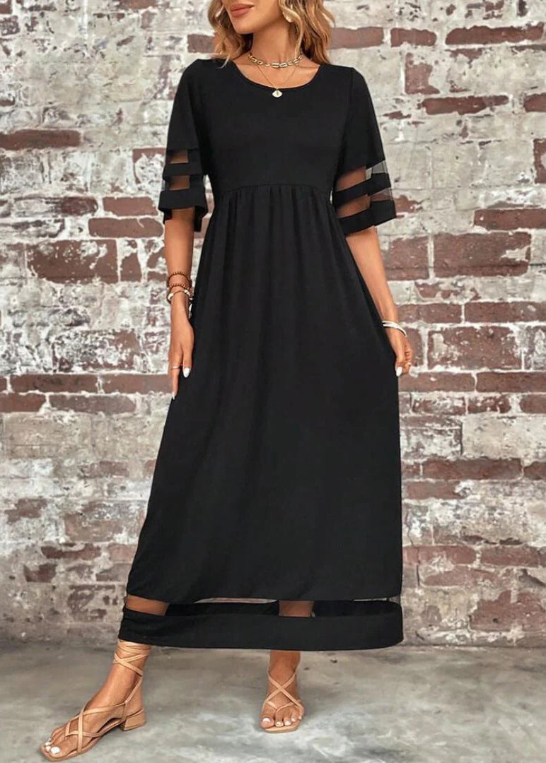 Bohemian O-Neck Patchwork Long Dress Black Tulle Summer