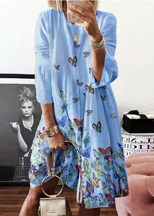 Blue Dress Cotton Mid Bohemian Print O Summer Neck Butterfly
