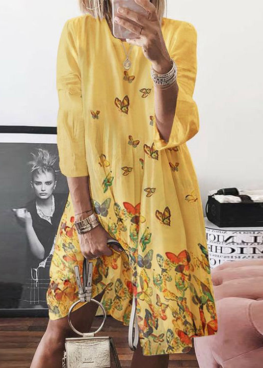 Blue Dress Cotton Mid Bohemian Print O Summer Neck Butterfly