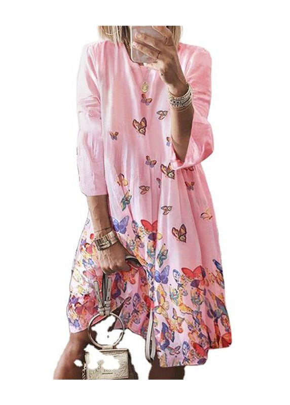 Blue Dress Cotton Mid Bohemian Print O Summer Neck Butterfly