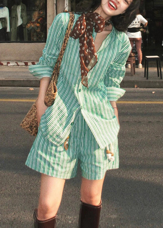 Summer Pan Shirts Collar Set Striped And Green Bohemian Two Peter Shorts Pieces