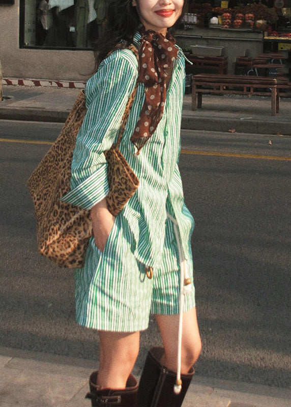 Summer Pan Shirts Collar Set Striped And Green Bohemian Two Peter Shorts Pieces