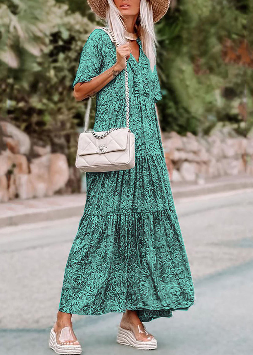 V Short Green Long Print Sleev Neck Bohemian Dress