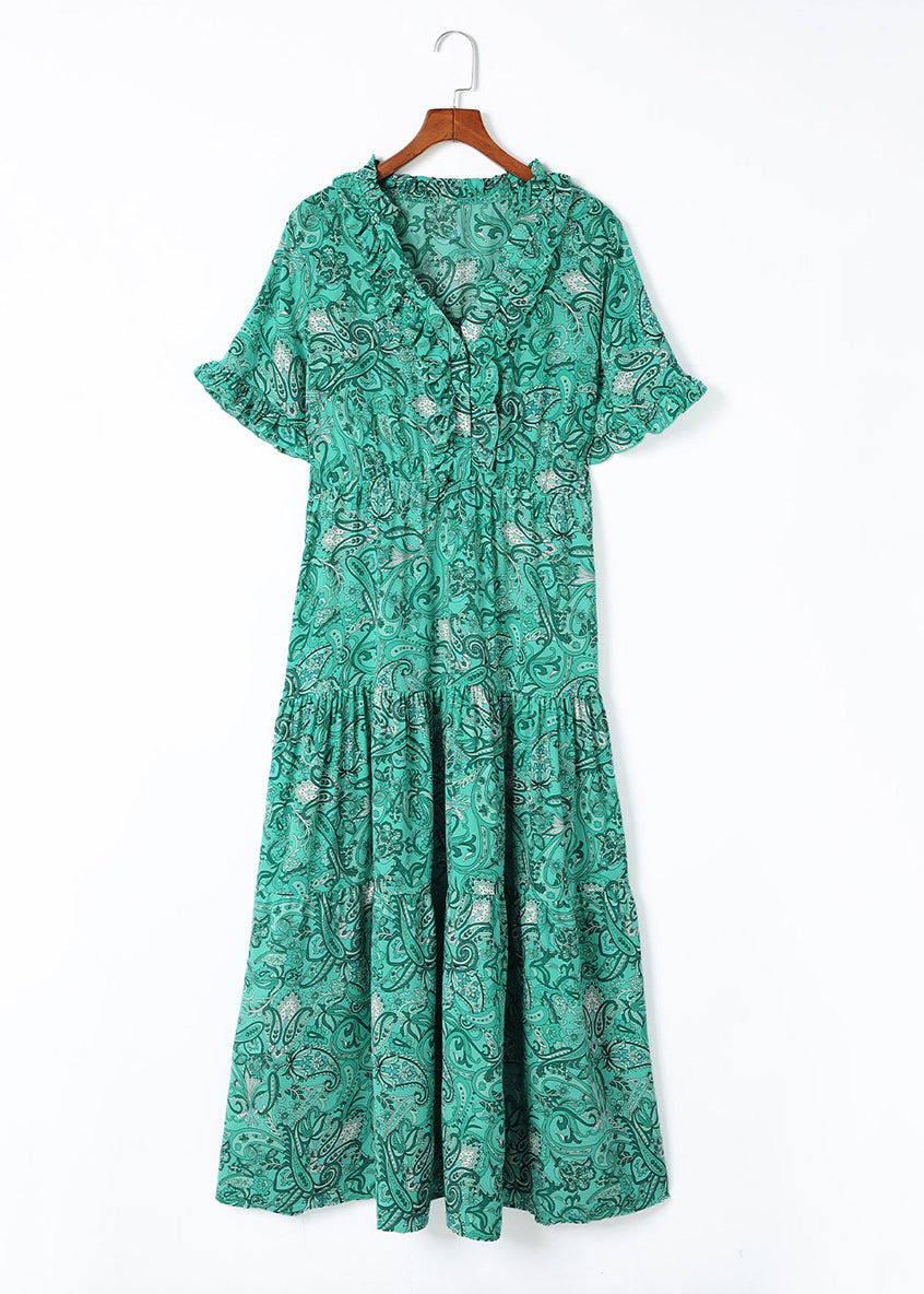 V Short Green Long Print Sleev Neck Bohemian Dress