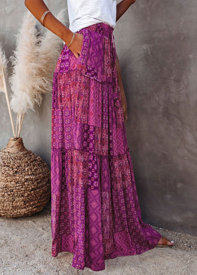 Bohemian Ruffled Purple A Print Patchwork Skirt Line