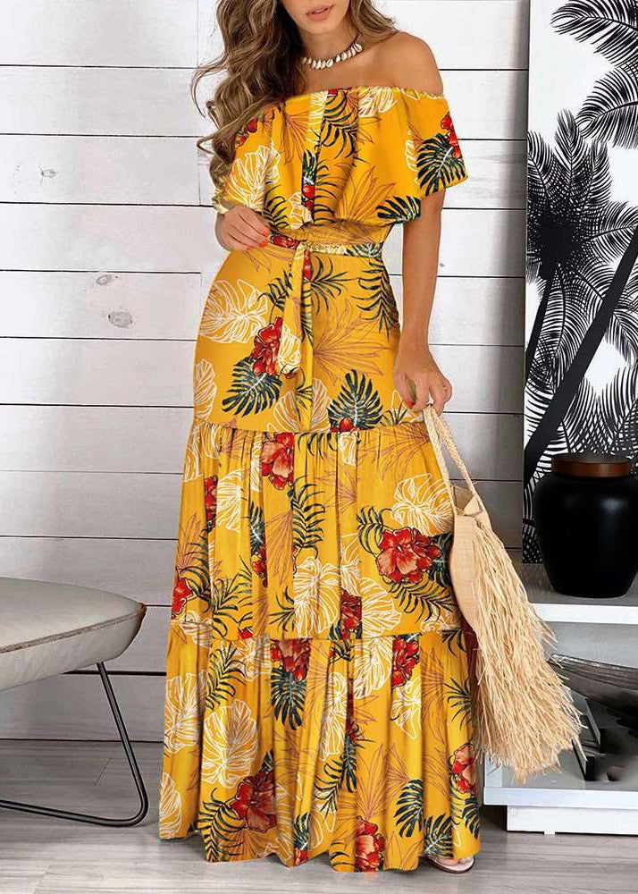 Yellow Bohemian Print Dress Cold Sleeve Short Shoulder Wrinkled Maxi