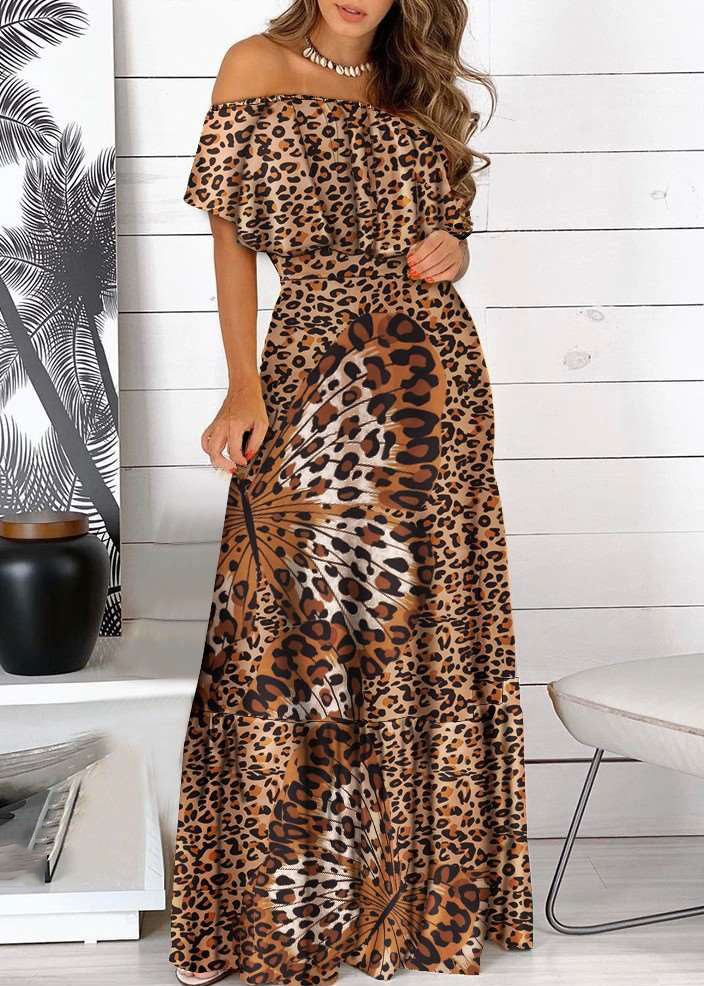 Yellow Bohemian Print Dress Cold Sleeve Short Shoulder Wrinkled Maxi