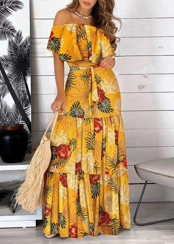 Yellow Bohemian Print Dress Cold Sleeve Short Shoulder Wrinkled Maxi
