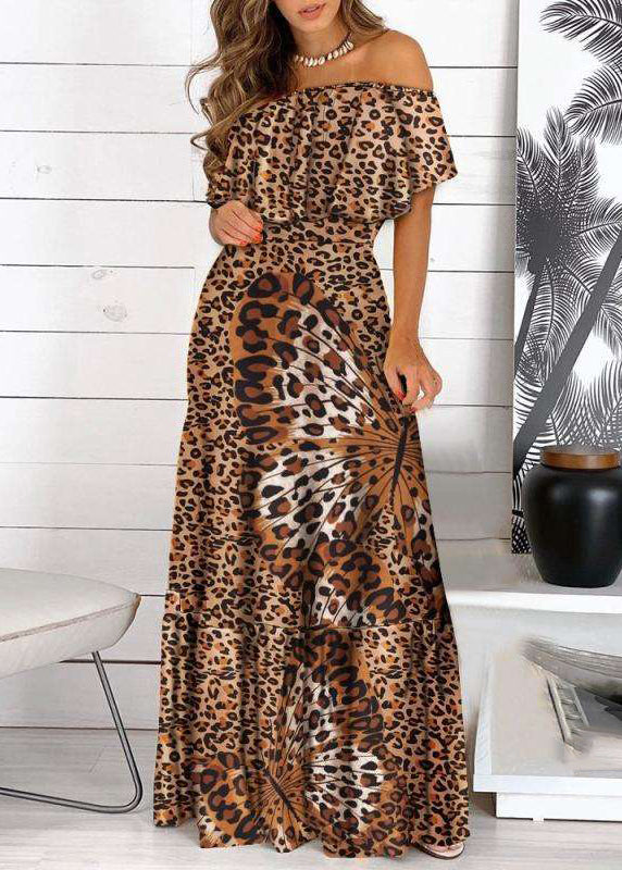 Yellow Bohemian Print Dress Cold Sleeve Short Shoulder Wrinkled Maxi
