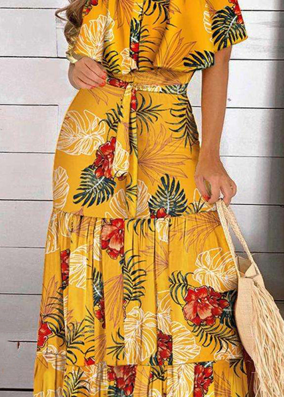 Yellow Bohemian Print Dress Cold Sleeve Short Shoulder Wrinkled Maxi
