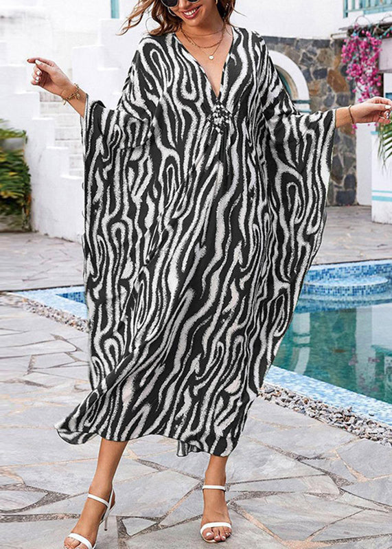 Open Boho Print Fall Grey Maxi V Neck Dresses Side