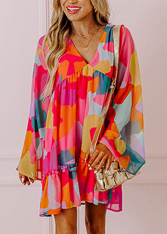 Wrinkled Mid Dresses Print Boho Fall Chiffon Red