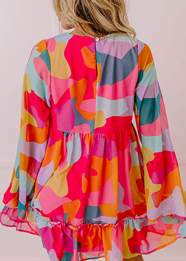 Wrinkled Mid Dresses Print Boho Fall Chiffon Red