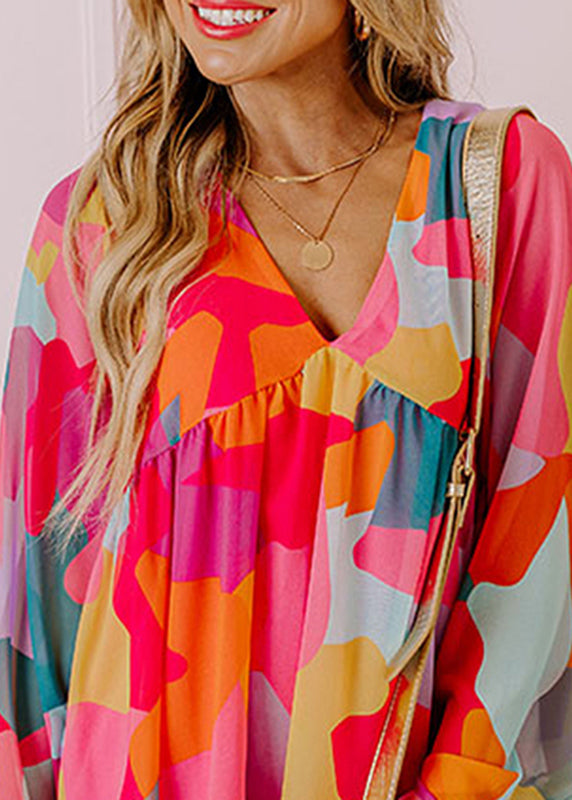 Wrinkled Mid Dresses Print Boho Fall Chiffon Red