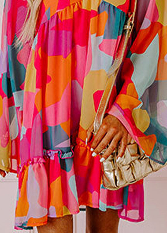 Wrinkled Mid Dresses Print Boho Fall Chiffon Red