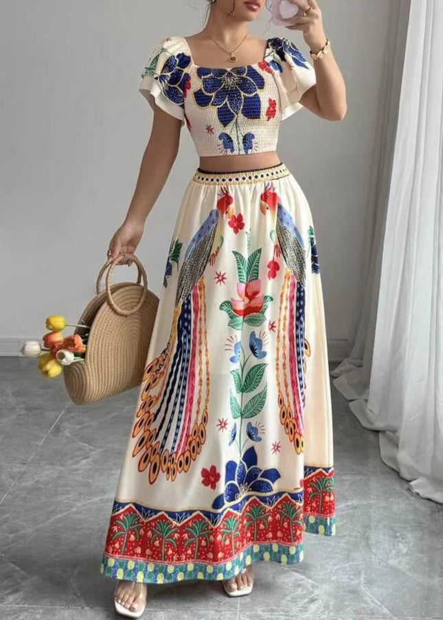 Piece Square Maxi Skirts Two Boho Collar Print Summer And Set Top