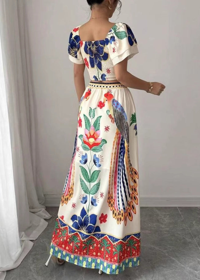 Piece Square Maxi Skirts Two Boho Collar Print Summer And Set Top