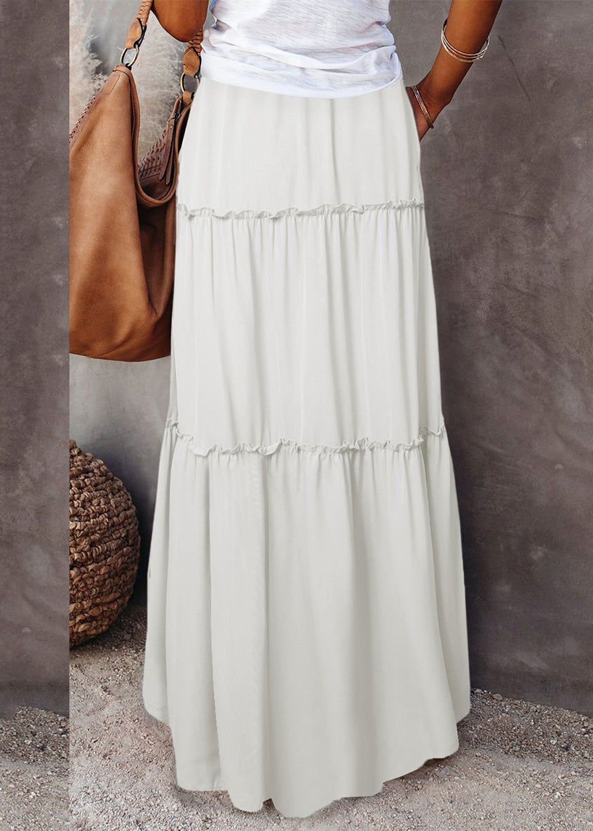 Waist Summer Skirts Boho Patchwork Maxi White Elastic Ruffled