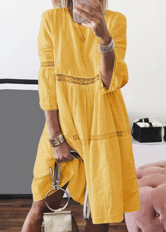 Long Yellow O-Neck Sleeve Boho Hollow Out Bracelet Dresses
