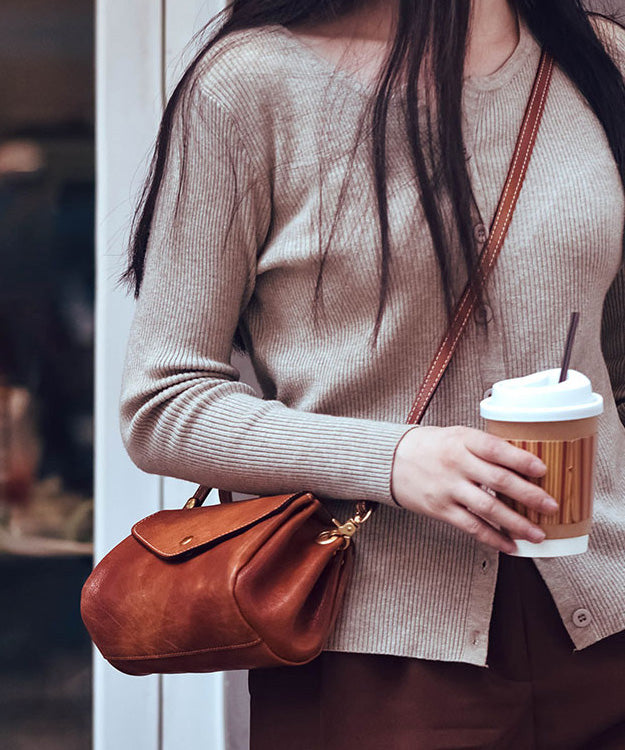 Khaki Cross-body Durable Botique Leather Bag Solid