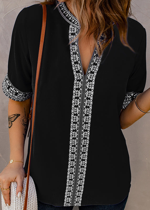 Short Neck Top V Black Sleeve Patchwork Boutique
