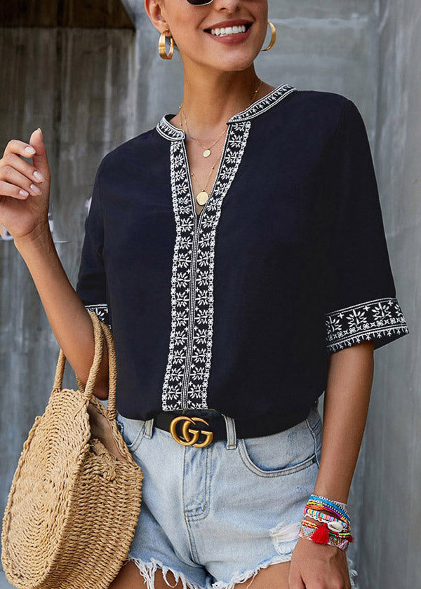 Short Neck Top V Black Sleeve Patchwork Boutique