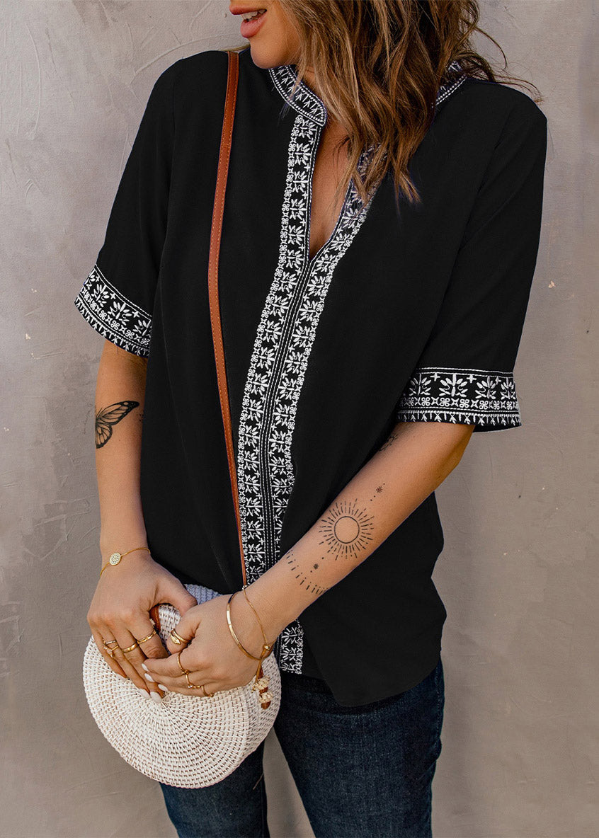Short Neck Top V Black Sleeve Patchwork Boutique