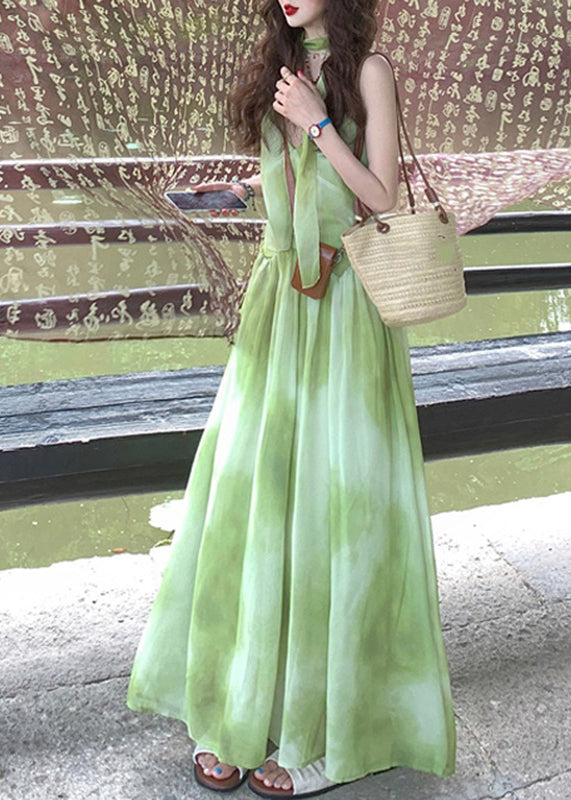 Vacation Boutique Chiffon Tie Maxi V Dye Sleeveless Neck Dresses Green