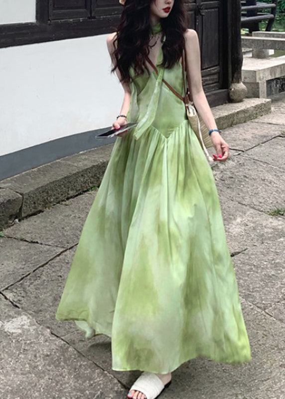 Vacation Boutique Chiffon Tie Maxi V Dye Sleeveless Neck Dresses Green
