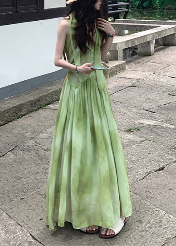 Vacation Boutique Chiffon Tie Maxi V Dye Sleeveless Neck Dresses Green