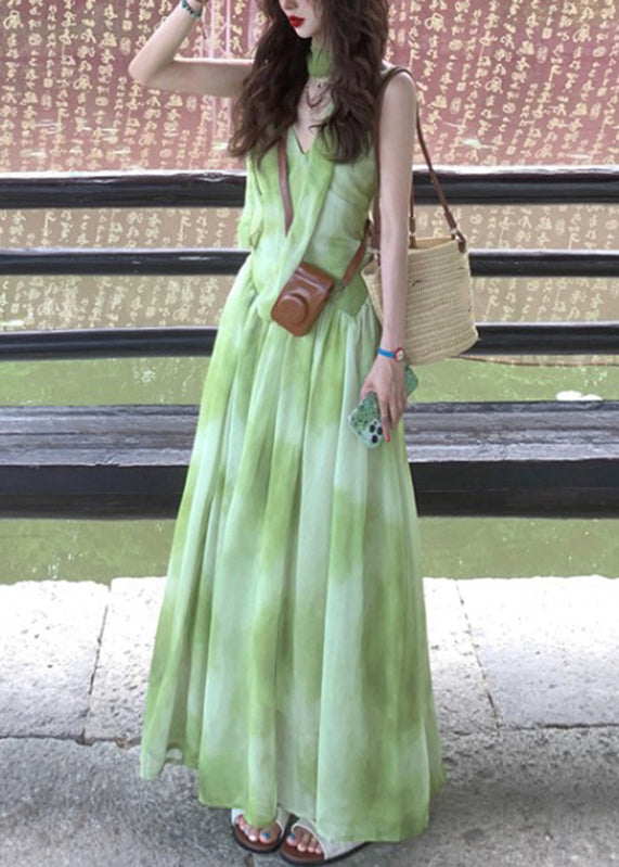 Vacation Boutique Chiffon Tie Maxi V Dye Sleeveless Neck Dresses Green