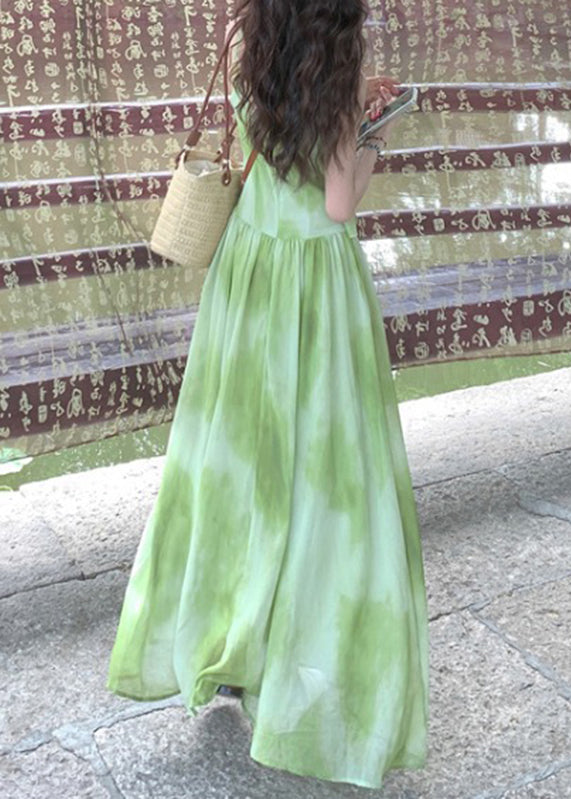 Vacation Boutique Chiffon Tie Maxi V Dye Sleeveless Neck Dresses Green