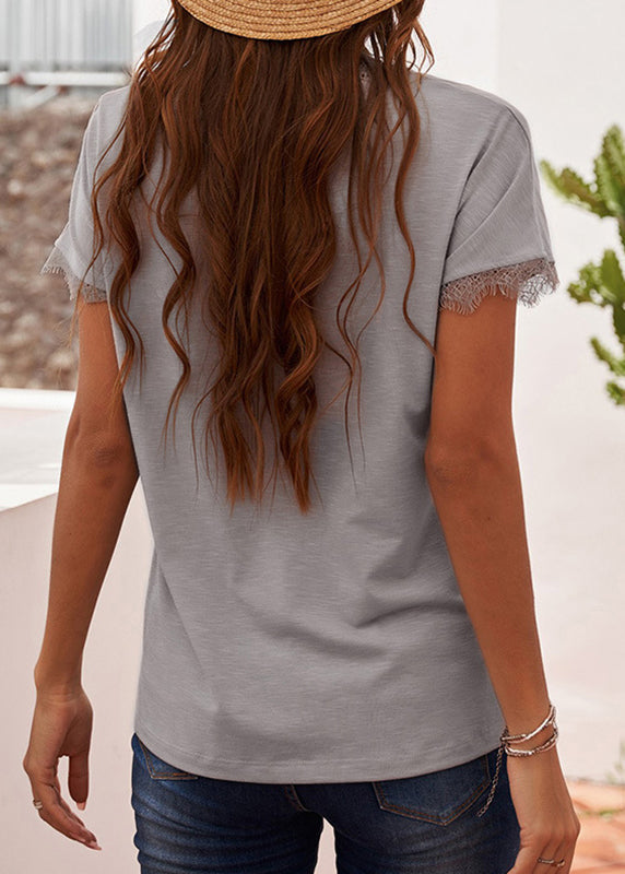 Sleeve Patchwork Shirt Solid Short V Lace T Neck White Brief