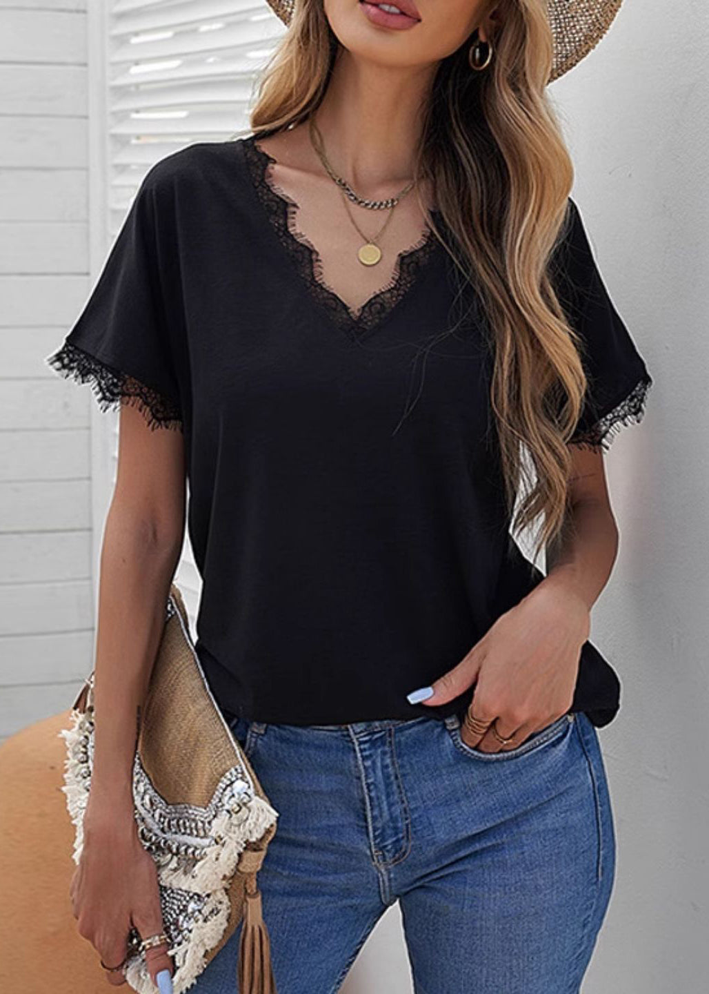 Short Solid Casual Shirt Lace Patchwork T Sleeve Black